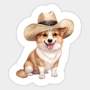 Watercolor Pembroke Welsh Corgi Dog in Straw Hat Sticker